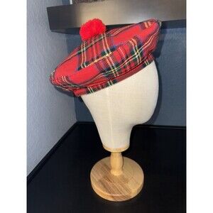 Red Tartan Beret Hat made britain Size Small plaid tam pompom tartan Preppy